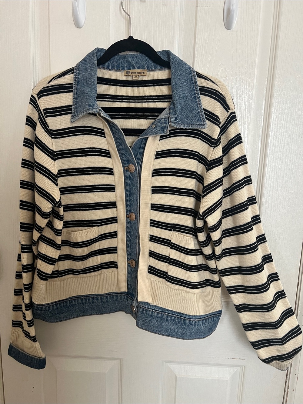 Democracy Striped Knit Jacket with Denim Trim - Cream & Navy